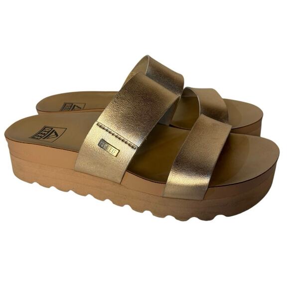 Reef Cushion Hi Vista Hi Platform Women Gold Tan Strap Slip On Slide Sandal 7.5 - Picture 4 of 7